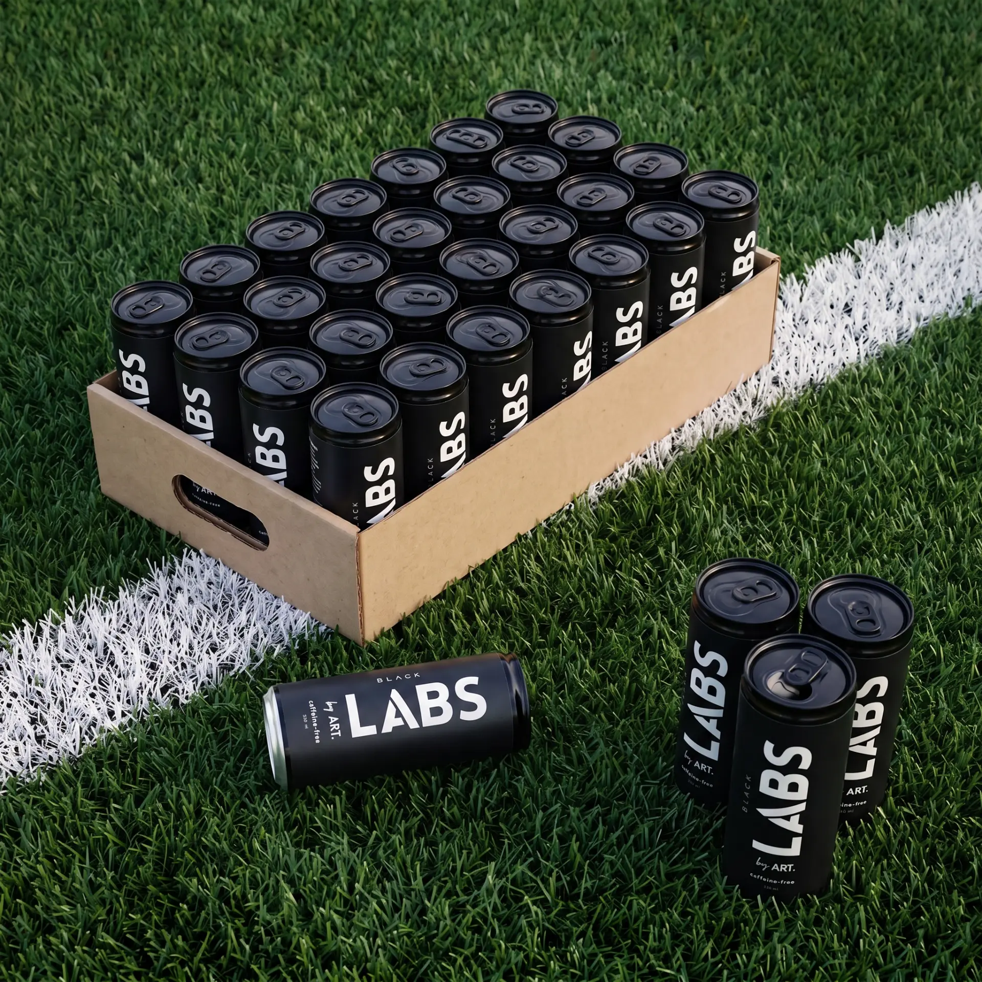 Tray of matte black LABS Daily cans