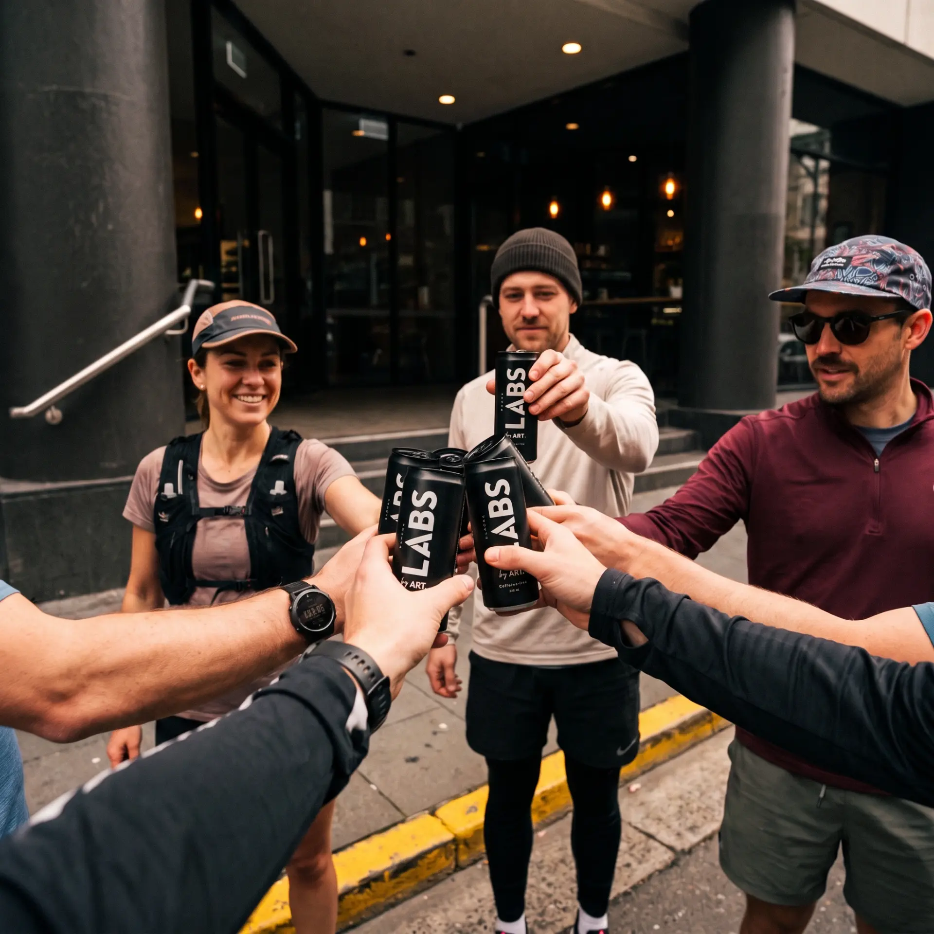 The LABS founders and friends raising matte black LABS cans together